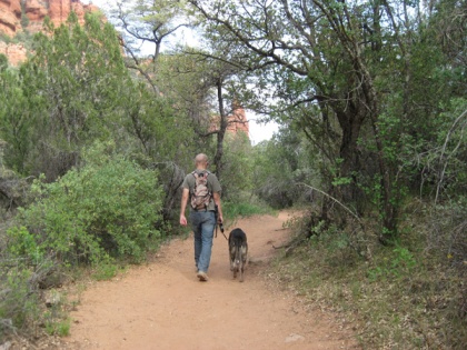 Bongo and his younger person heading down the trail