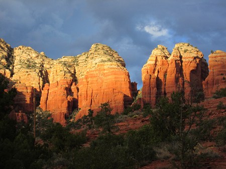 Close up of lit up red rocks