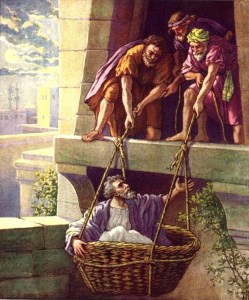 Saul lowered in a basket