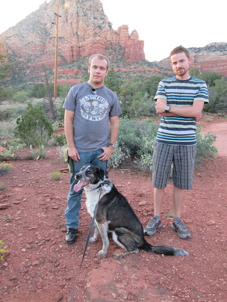 Bongo on the trail with two guys